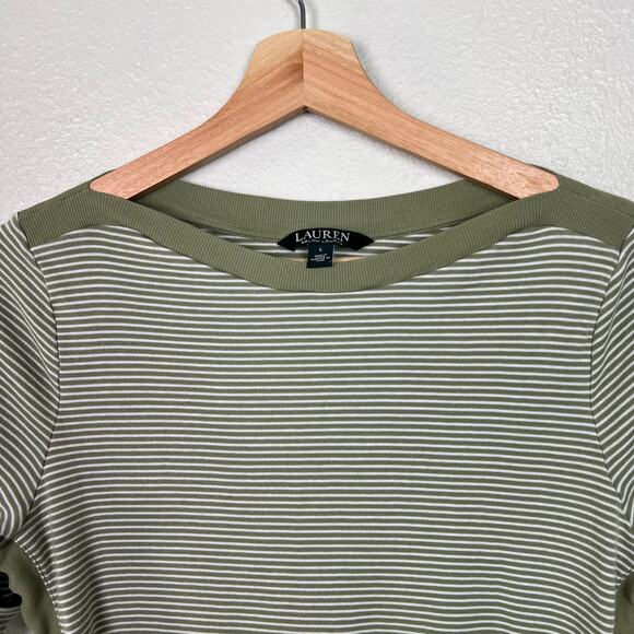 Lauren Ralph Lauren Women's Large Sage Green Striped Boat Neck Short Sleeve Top - Picture 2 of 8